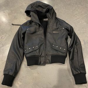 Paper, denim, & cloth faux leather jacket